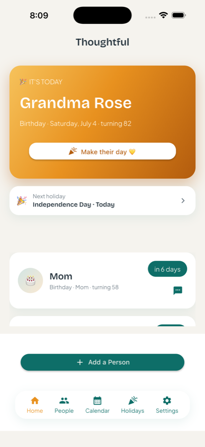 Thoughtful's home screen showing an amber IT'S TODAY card for Grandma Rose turning 82