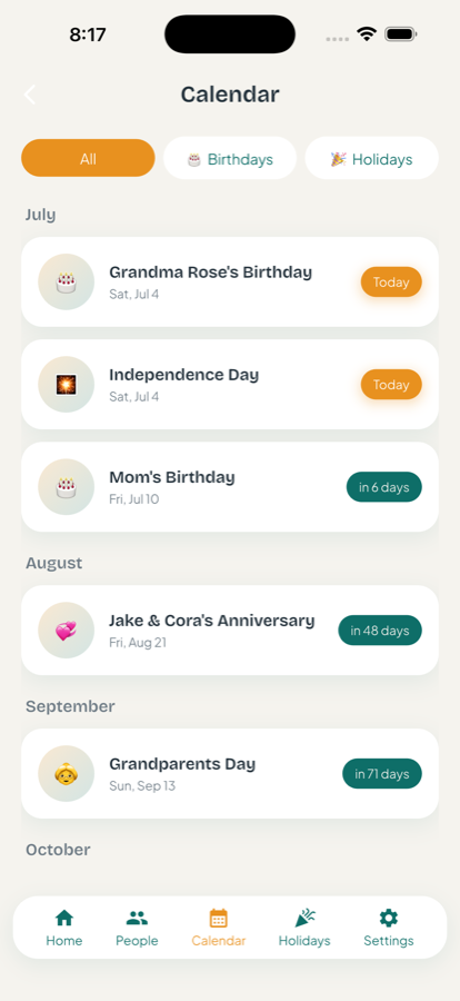 Calendar view with birthday and holiday filters