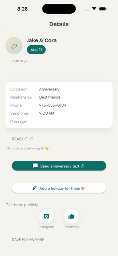 A person's page with a ready-to-send anniversary text